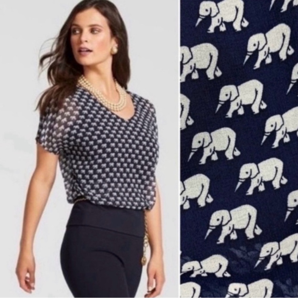 NAME YOUR PRICE • CAbi Style #5345 Navy Semi-Sheer Elephant Pattern Top Size S